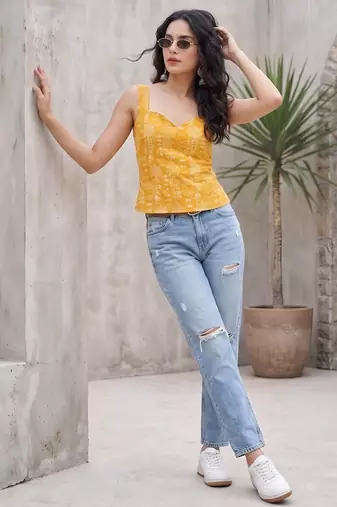 Yellow cotton printed top for women