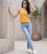 Yellow cotton printed top for women