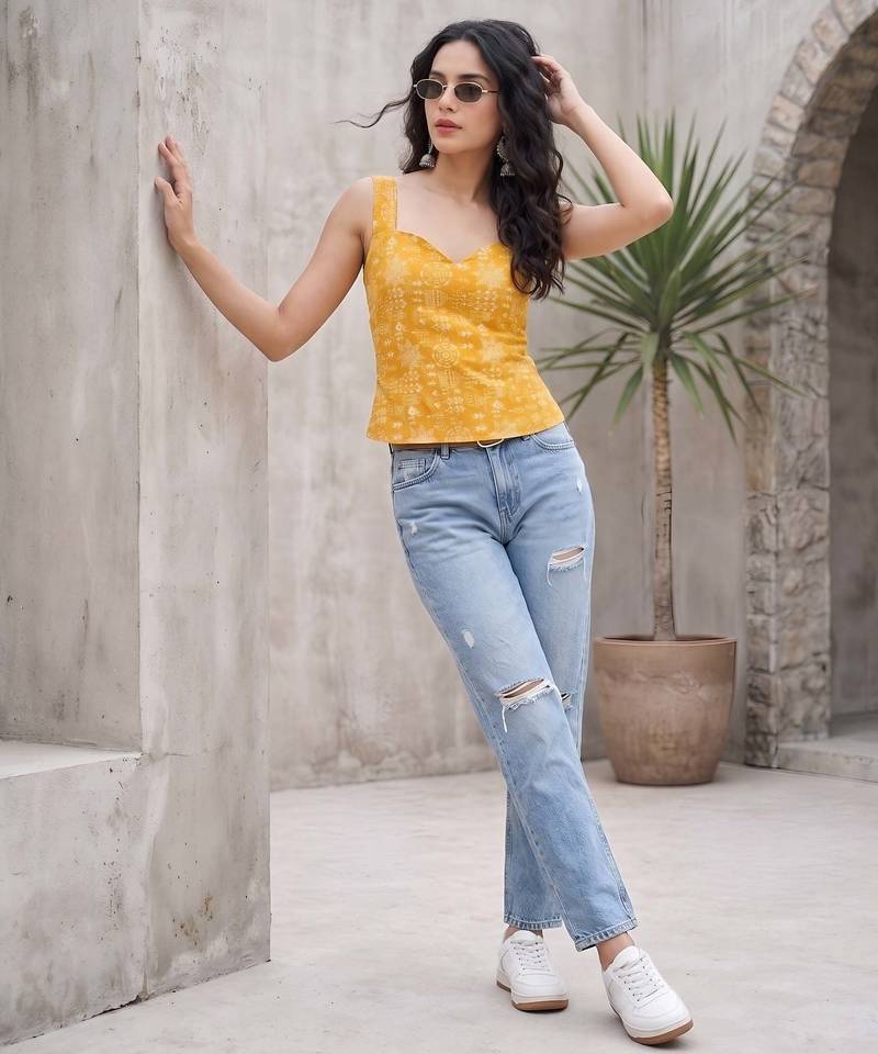 Yellow cotton printed top for women