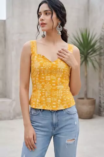 Yellow cotton printed top for women