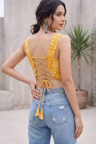 Yellow cotton printed top for women