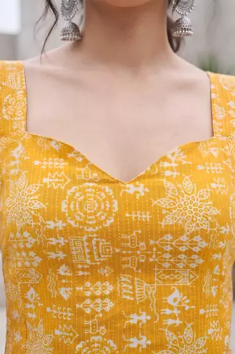 Yellow cotton printed top for women