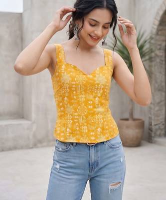 Yellow cotton printed top for women 5