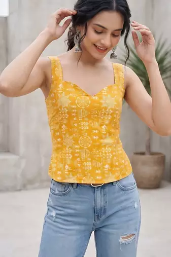 Yellow cotton printed top for women