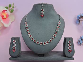 Red color rhodium plating festive wear designer necklace set 1