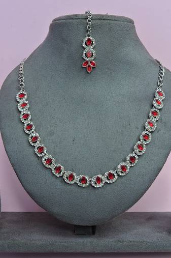 Red color rhodium plating festive wear designer necklace set