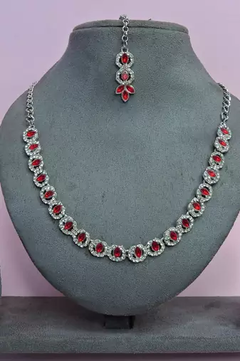 Red color rhodium plating festive wear designer necklace set