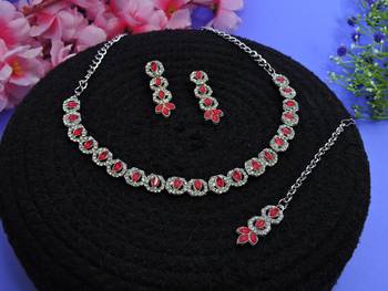 Red color rhodium plating festive wear designer necklace set 2