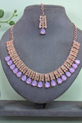 Pink color rhodium plating festive wear designer necklace set