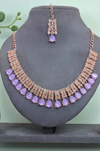 Pink color rhodium plating festive wear designer necklace set