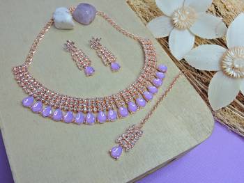 Pink color rhodium plating festive wear designer necklace set 2