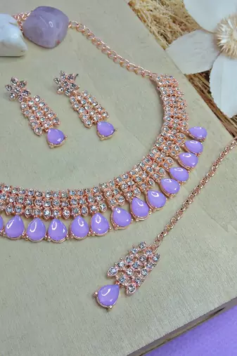 Pink color rhodium plating festive wear designer necklace set