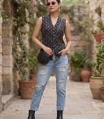 Black cotton printed top for women