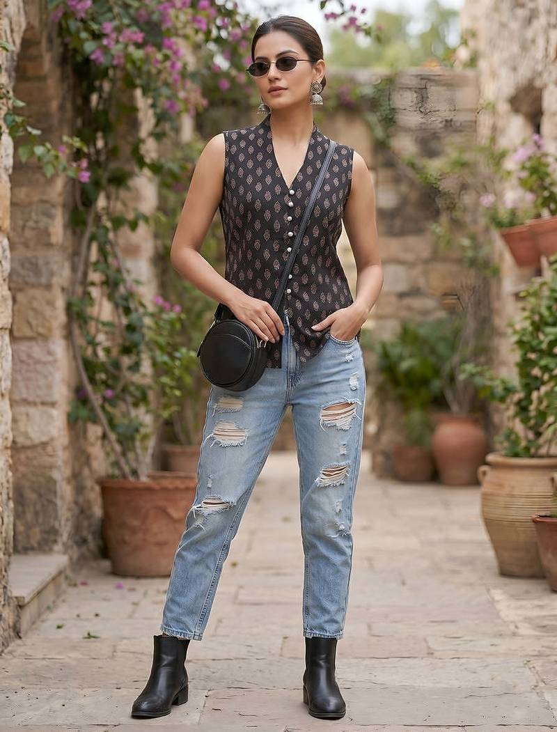 Black cotton printed top for women