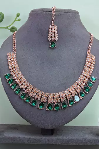 Green color rhodium plating festive wear designer necklace set