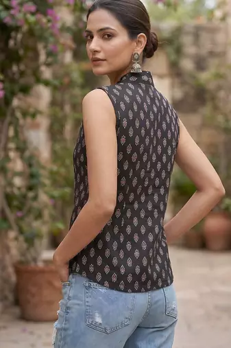 Black cotton printed top for women