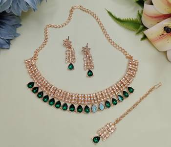 Green color rhodium plating festive wear designer necklace set 2