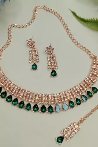 Green color rhodium plating festive wear designer necklace set
