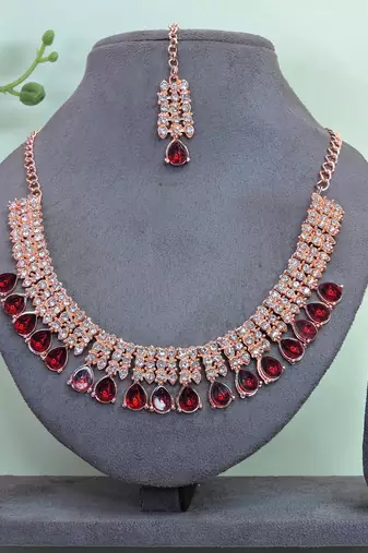 Maroon color rhodium plating festive wear designer necklace set