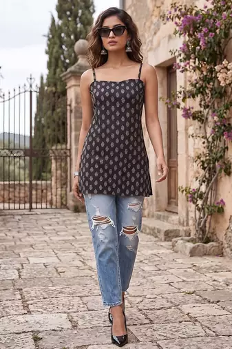 Black cotton printed top for women