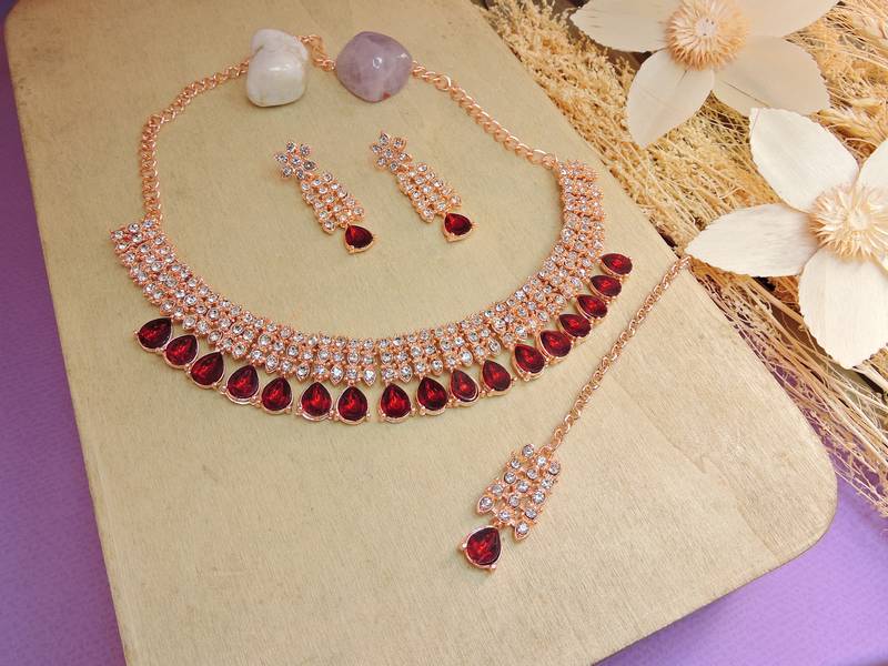 Maroon color rhodium plating festive wear designer necklace set