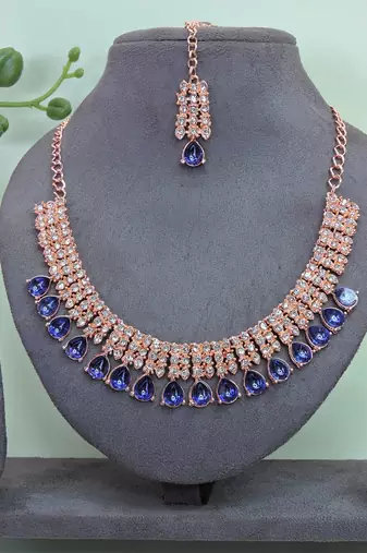 Blue color rhodium plating festive wear designer necklace set
