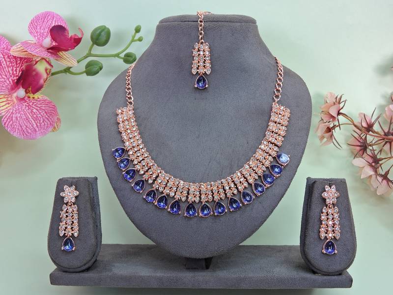 Blue color rhodium plating festive wear designer necklace set