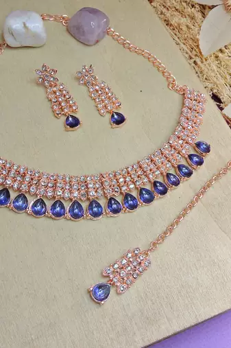 Blue color rhodium plating festive wear designer necklace set