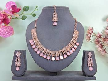 Pink color rhodium plating festive wear designer necklace set 1