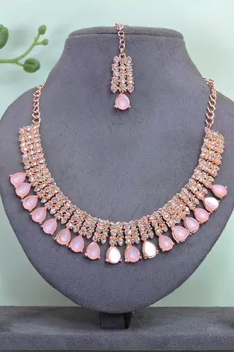 Pink color rhodium plating festive wear designer necklace set
