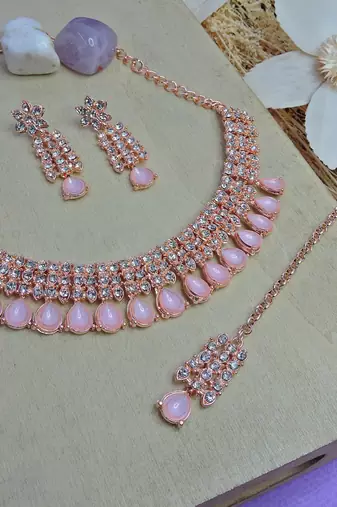 Pink color rhodium plating festive wear designer necklace set