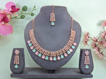 Green color rhodium plating festive wear designer necklace set 1