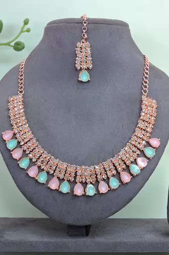 Green color rhodium plating festive wear designer necklace set