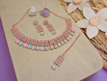 Green color rhodium plating festive wear designer necklace set 2