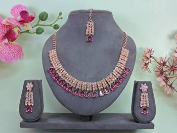 Pink color rhodium plating festive wear designer necklace set 1