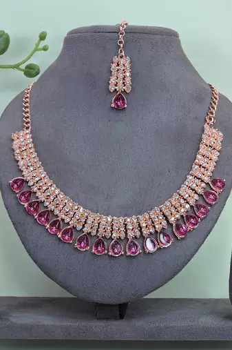 Pink color rhodium plating festive wear designer necklace set