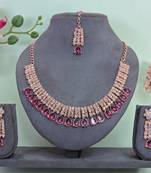Pink color rhodium plating festive wear designer necklace set