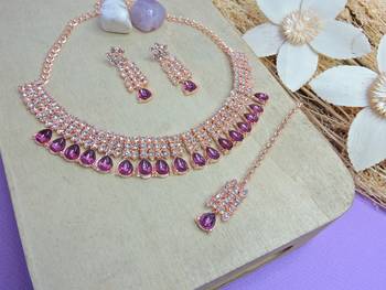 Pink color rhodium plating festive wear designer necklace set 2