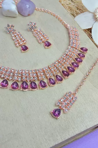 Pink color rhodium plating festive wear designer necklace set