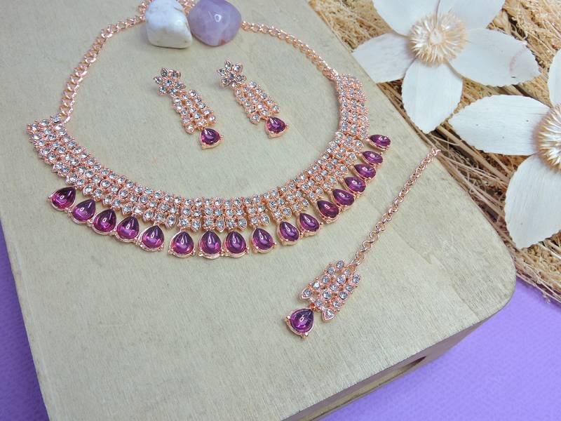 Pink color rhodium plating festive wear designer necklace set