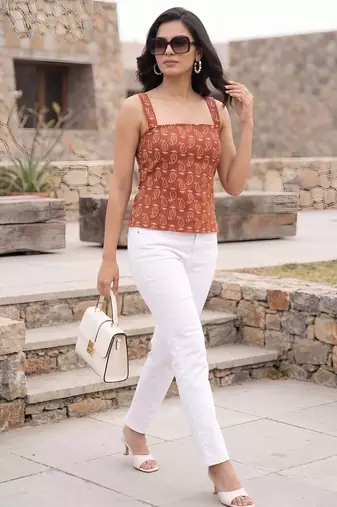 Orange cotton printed top for women