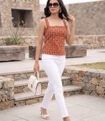 Orange cotton printed top for women