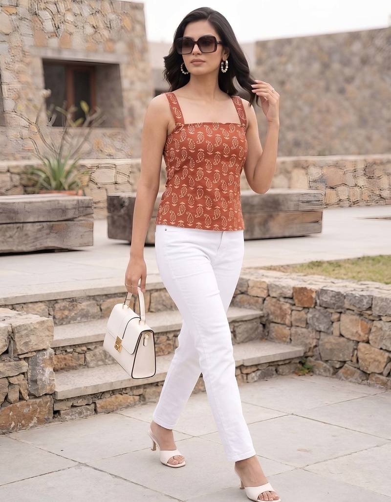 Orange cotton printed top for women