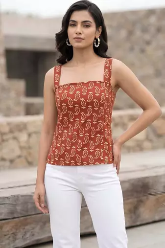 Orange cotton printed top for women