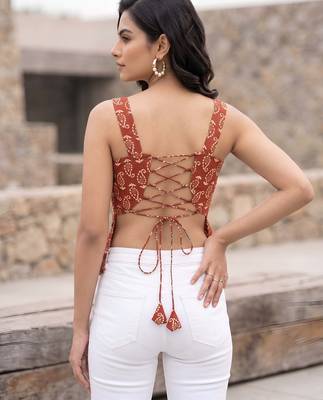 Orange cotton printed top for women 3