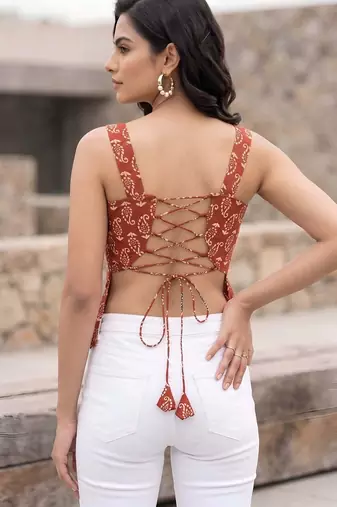 Orange cotton printed top for women