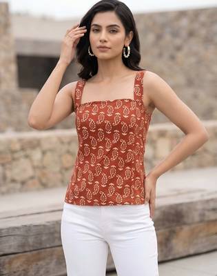 Orange cotton printed top for women 4