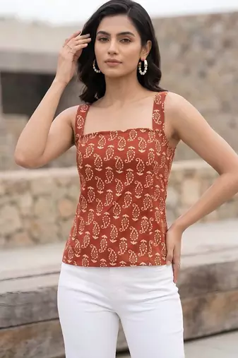 Orange cotton printed top for women