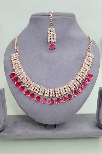 Pink color rhodium plating festive wear designer necklace set