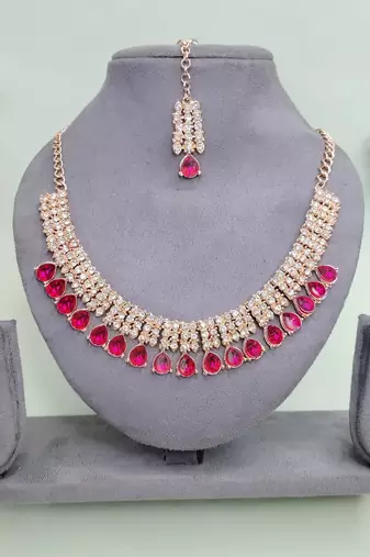 Pink color rhodium plating festive wear designer necklace set